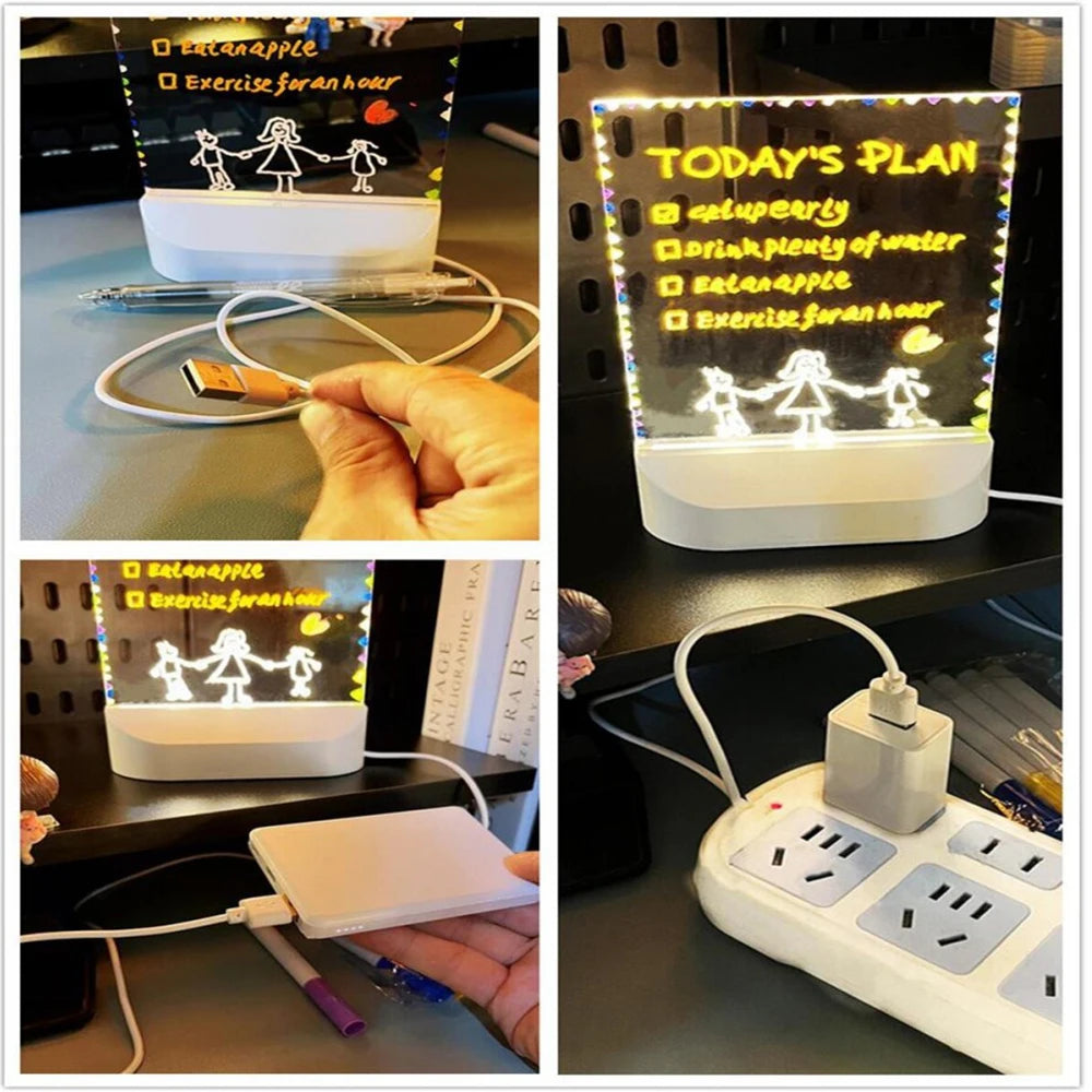 LED Message Board Night Light Acrylic Marker Message  Board With 7 Colors Pen For Kids Drawing Board Christmas Gift