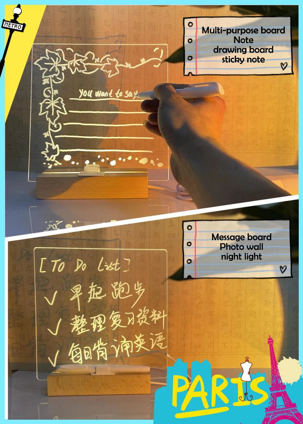 LED Message Board Night Light Acrylic Marker Message  Board With 7 Colors Pen For Kids Drawing Board Christmas Gift