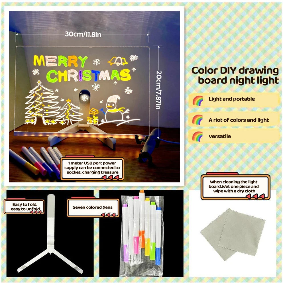 LED Message Board Night Light Acrylic Marker Message  Board With 7 Colors Pen For Kids Drawing Board Christmas Gift