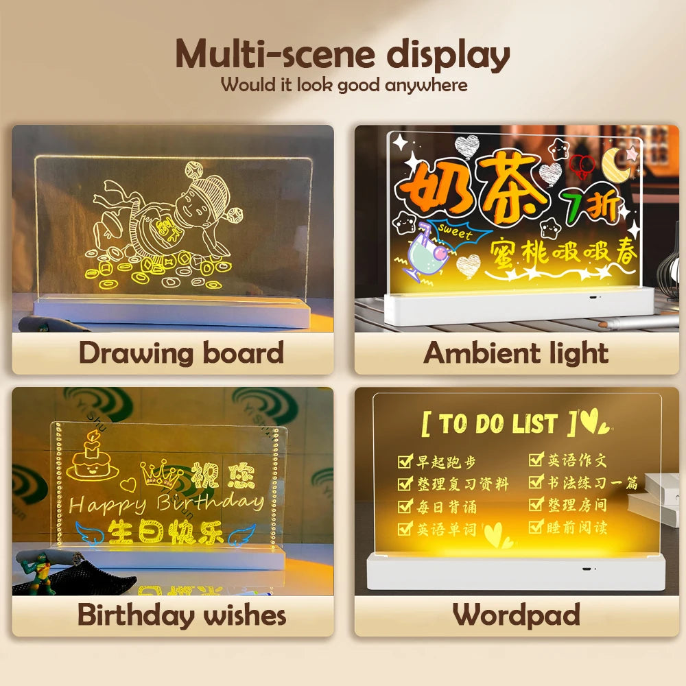 LED Message Board Night Light Acrylic Marker Message  Board With 7 Colors Pen For Kids Drawing Board Christmas Gift