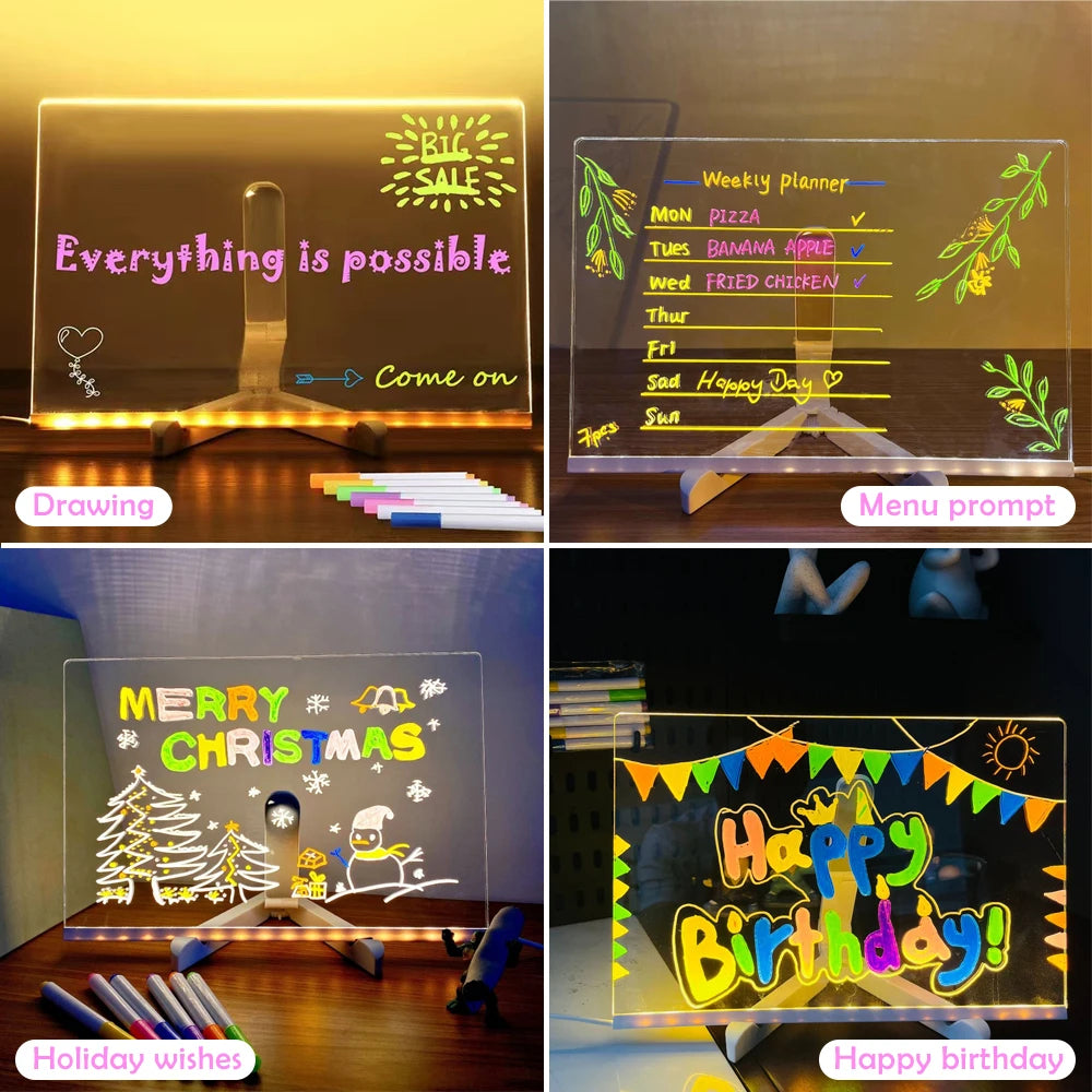 LED Message Board Night Light Acrylic Marker Message  Board With 7 Colors Pen For Kids Drawing Board Christmas Gift