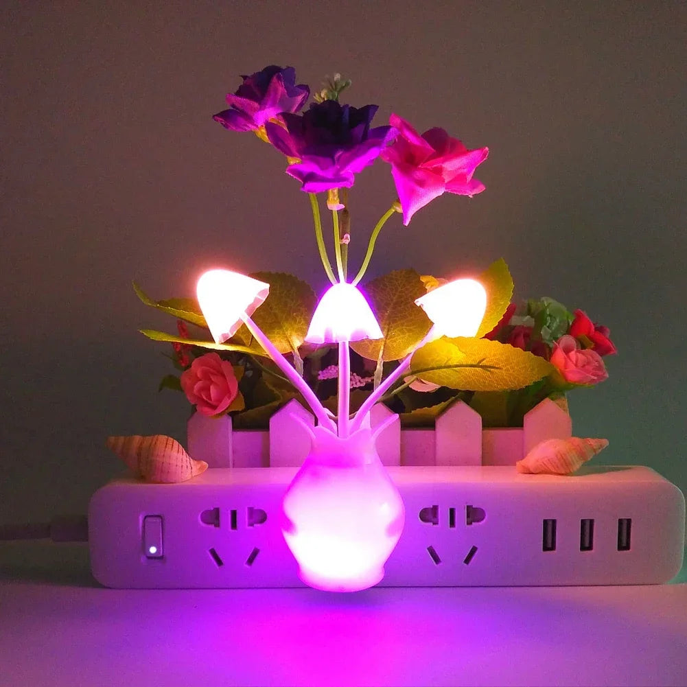 1Pc US Plug Rose Flower Wall Light Led Night Light With Sensor Plug-in Auto Switch Mushroom Night Lamp Home Living Room Decor