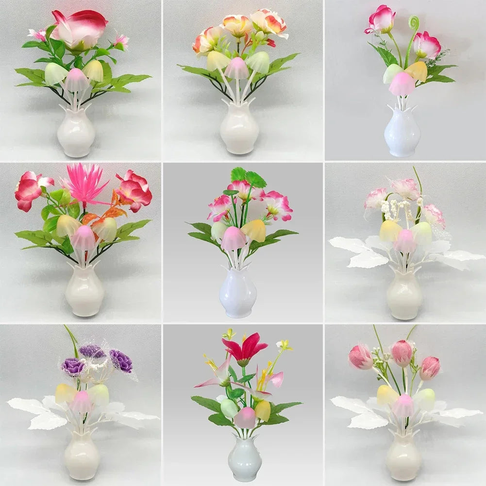 1Pc US Plug Rose Flower Wall Light Led Night Light With Sensor Plug-in Auto Switch Mushroom Night Lamp Home Living Room Decor